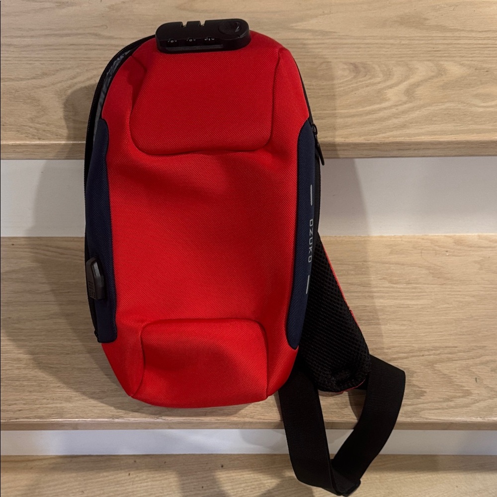 Ozuko Red and Black Crossbody lockable Bag with USB charger port NWT